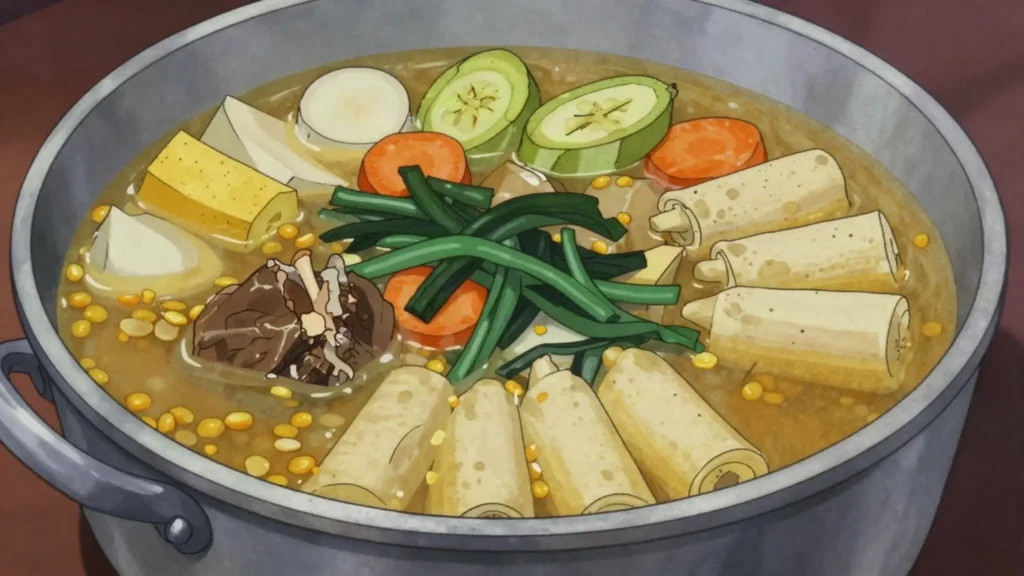 Bouyon, heavy one-pot soup of salt meat, provisions, dumplings and callaloo, Dominica soup & stew, anime style