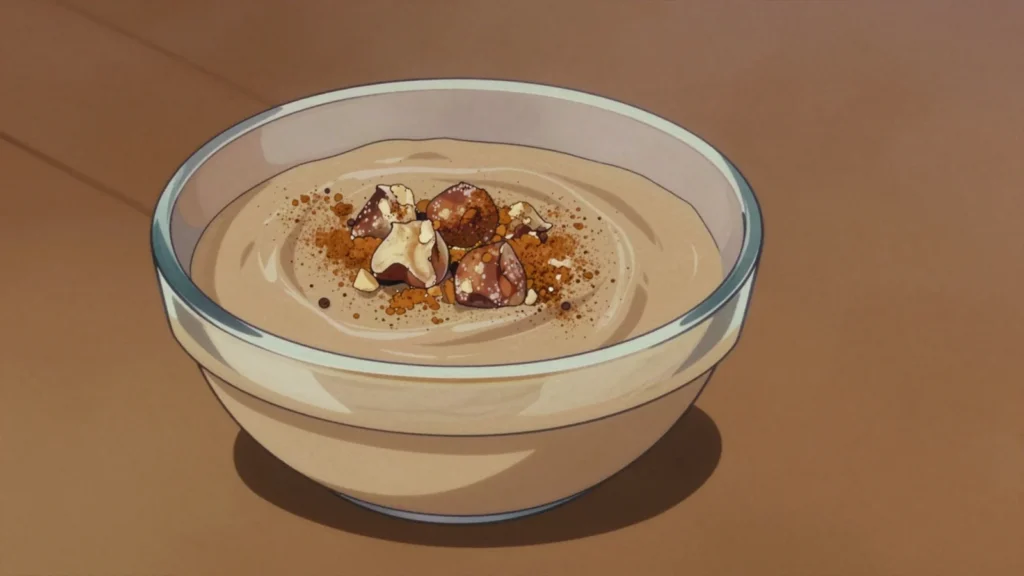 Bouza, thick sorghum or hazelnut cream pudding topped with crushed nuts, Tunisia dessert, anime style