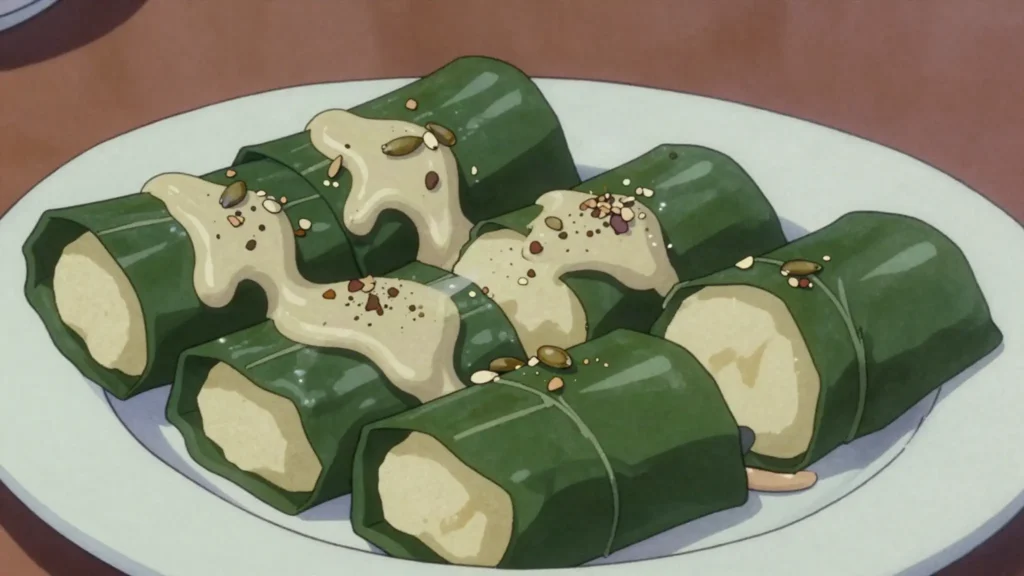 Boxbol, masa rolled in chayote leaves, boiled and eaten with pumpkin-seed sauce, Guatemala main, anime style