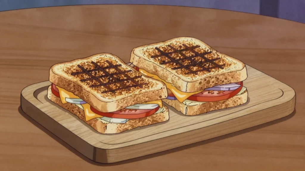Braaibroodjie, cheese, tomato and onion toastie grilled in a hinged grid over the coals, South Africa snack, anime style