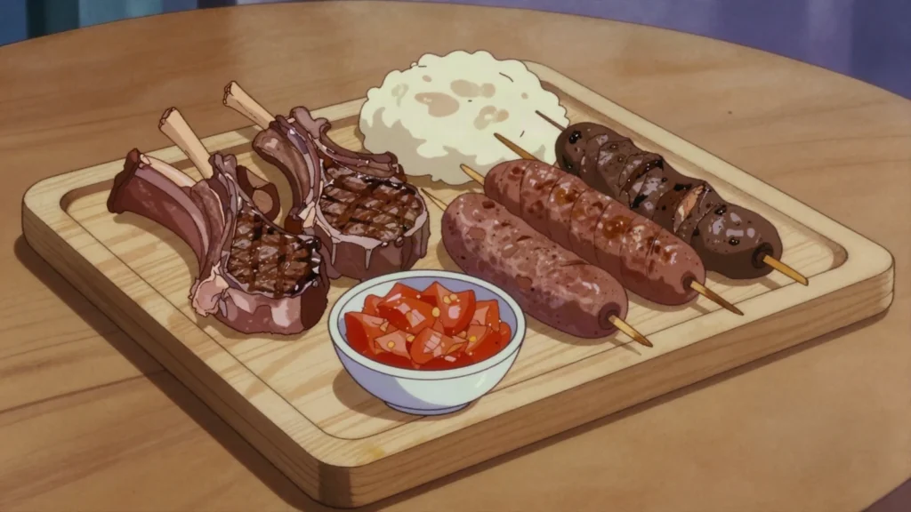 Braaivleis, wood-fire barbecue of chops, steak and sausage, weekend ritual, South Africa main, anime style