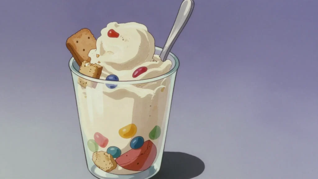 Bragðarefur, soft ice cream blended to order with sweets, biscuits and fruit, Iceland dessert, anime style