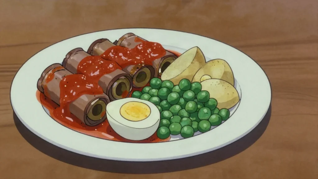 Braġjoli, beef olives: thin steak rolled around egg and bacon, then braised, Malta main, anime style