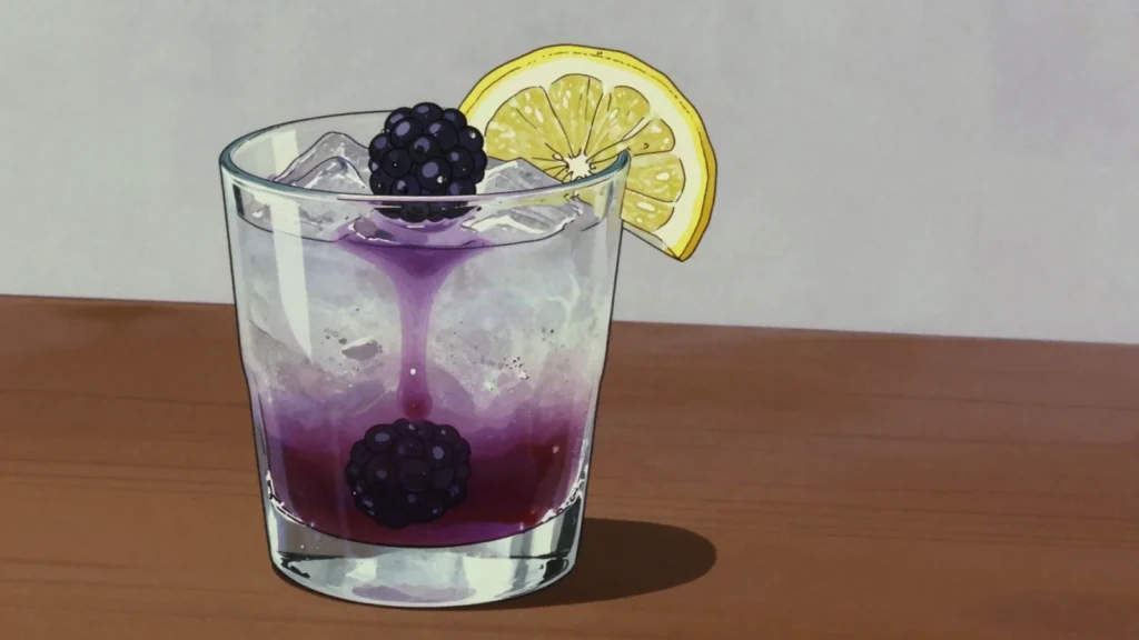 Bramble, gin, lemon and sugar over crushed ice, drizzled with blackberry liqueur, United Kingdom cocktail, anime style