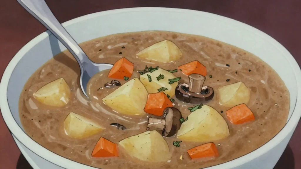 Bramboračka, rustic potato soup with forest mushrooms and marjoram, Czechia soup & stew, anime style