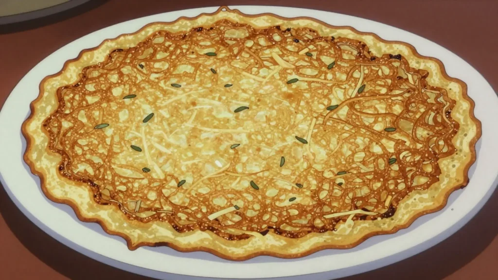 Bramborák, garlic-marjoram potato pancake fried crisp, Czechia snack, anime style