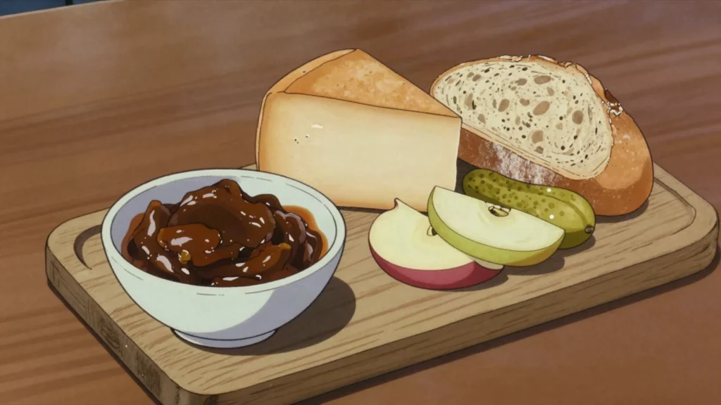 Branston Pickle, sweet chunky vegetable pickle in dark tangy sauce, eaten, United Kingdom fermented & pickled, anime style