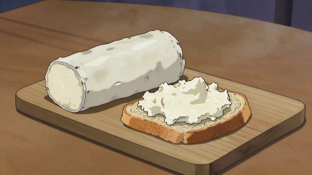 Brânză de burduf, salty sheep cheese packed into a sheepskin or fir-bark tube, Romania cheese & dairy, anime style