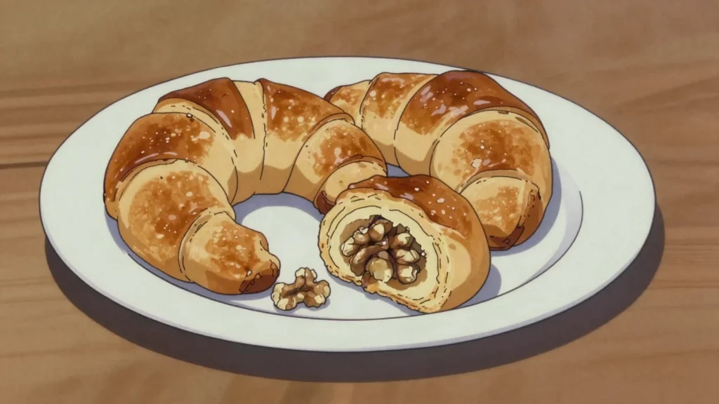 Bratislavský rožok, crescent or horseshoe pastry filled with ground walnut or poppy, Slovakia bread & pastry, anime style