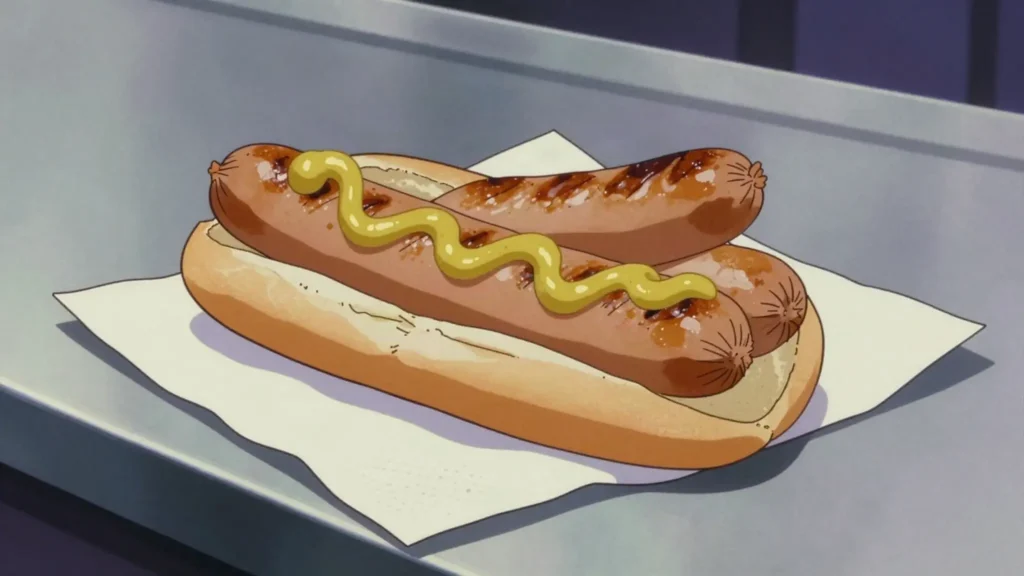 Bratwurst, grilled pork sausage eaten in a roll with mustard, Germany street food, anime style