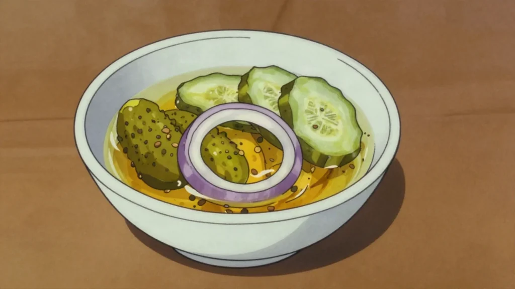 Bread and butter pickles, cucumber and onion slices in sweet-sour turmeric, United States fermented & pickled, anime style