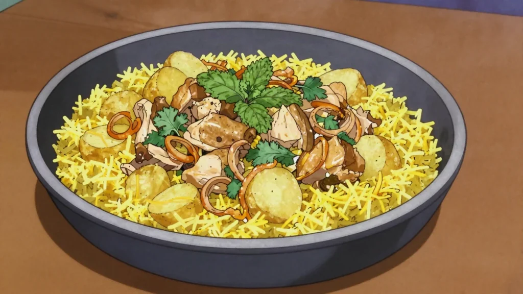 Briani, mauritian biryani slow-steamed with marinated meat and saffron potatoes, Mauritius main, anime style