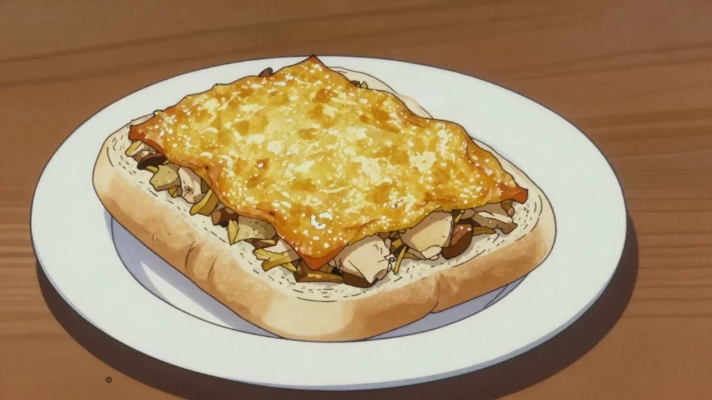 Broodje pom, soft roll filled with baked pomtajer casserole, eaten at parties, Suriname street food, anime style