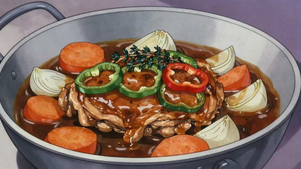 Brown stew chicken, chicken browned in burnt sugar, stewed in rich gravy, Jamaica main, anime style
