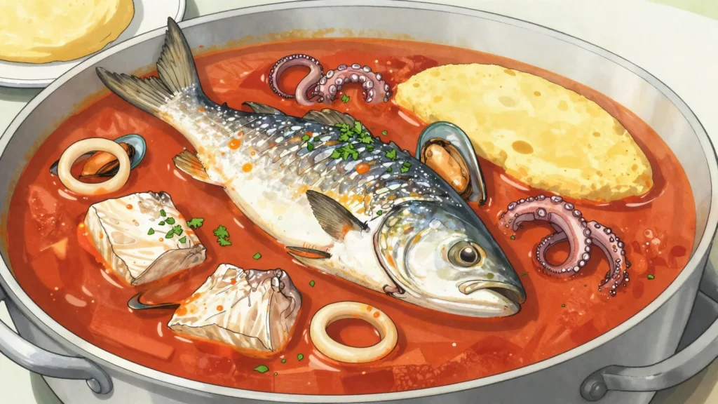 Brudet, adriatic mixed-fish stew served over polenta, Croatia soup & stew, anime style