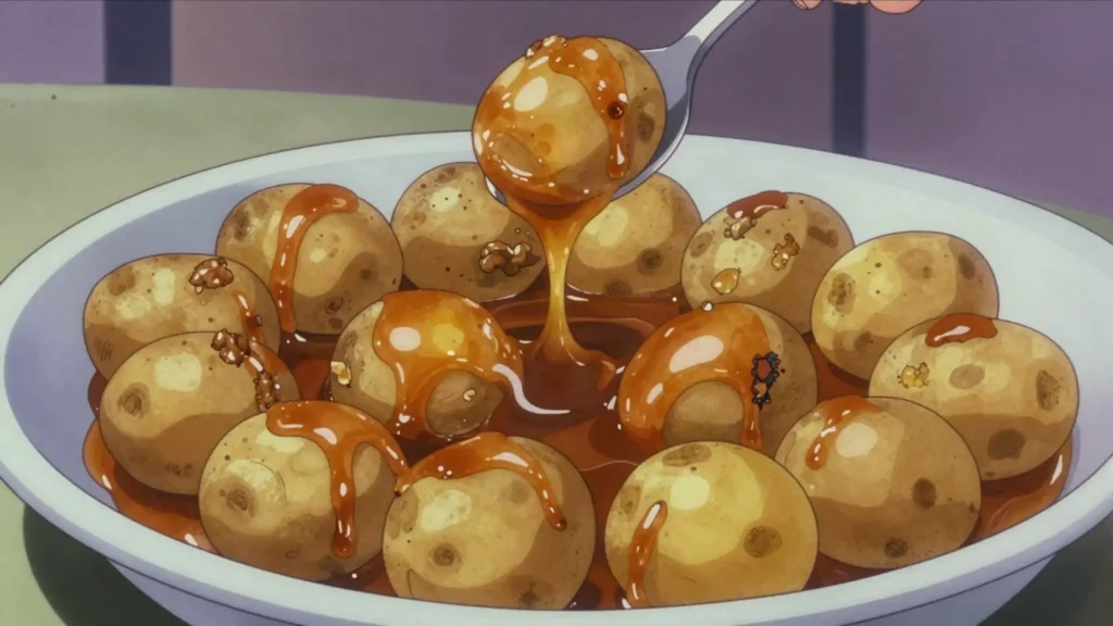 Brunede kartofler, potatoes caramelised in butter and sugar for Christmas dinner, Denmark salad & side, anime style