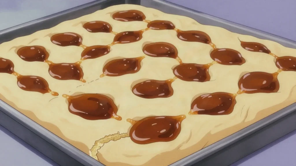 Brunsviger, sheet of sweet yeast dough dented and flooded with brown sugar butter, Denmark bread & pastry, anime style