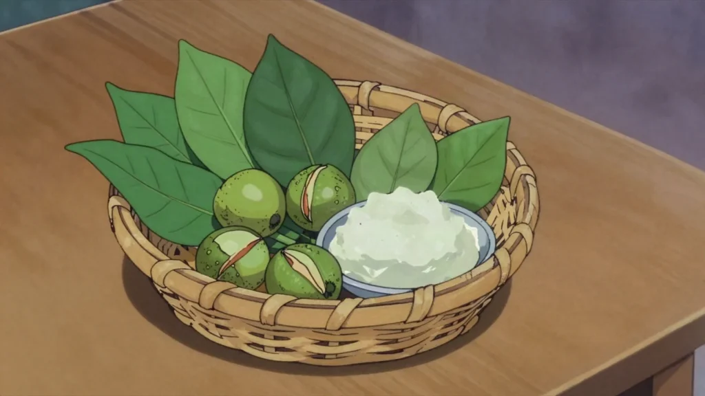 Bua Malus, areca nut with betel leaf and lime, chewed constantly and offered to guests, Timor-Leste snack, anime style