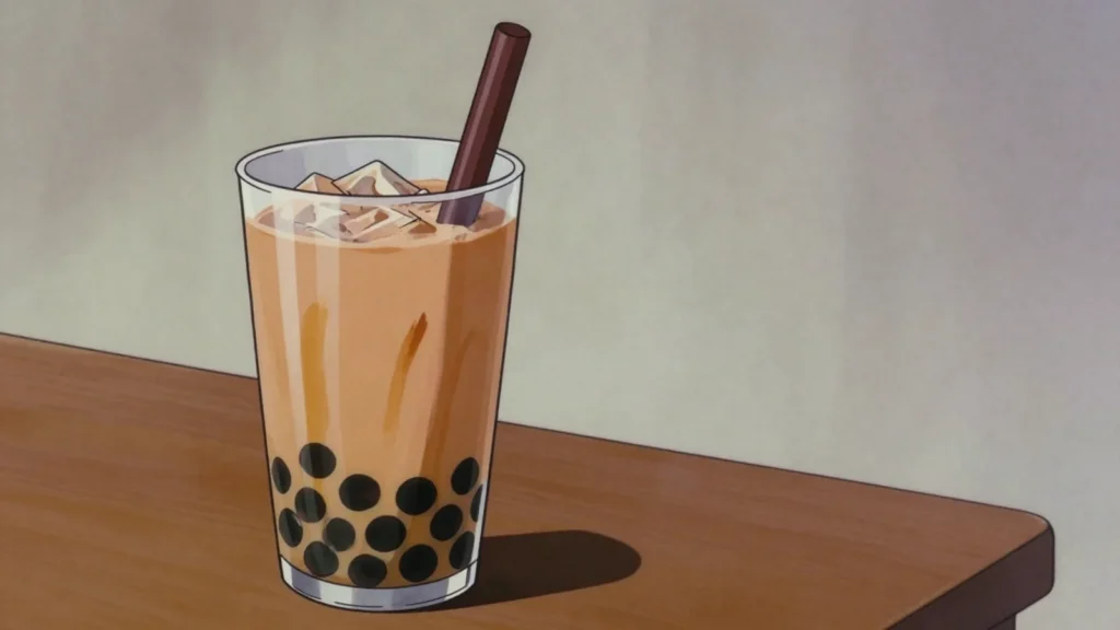Bubble Tea, sweet milk tea shaken with chewy tapioca pearls, invented in Taiwan, Taiwan drink, anime style
