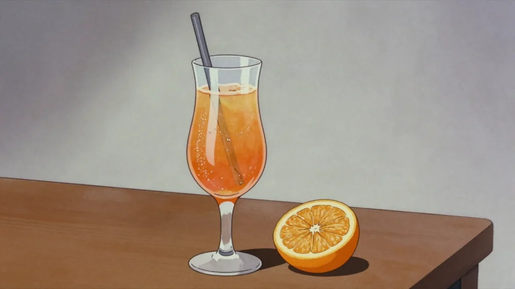 Buck's Fizz, champagne with orange juice, poured stronger than a mimosa, United Kingdom cocktail, anime style