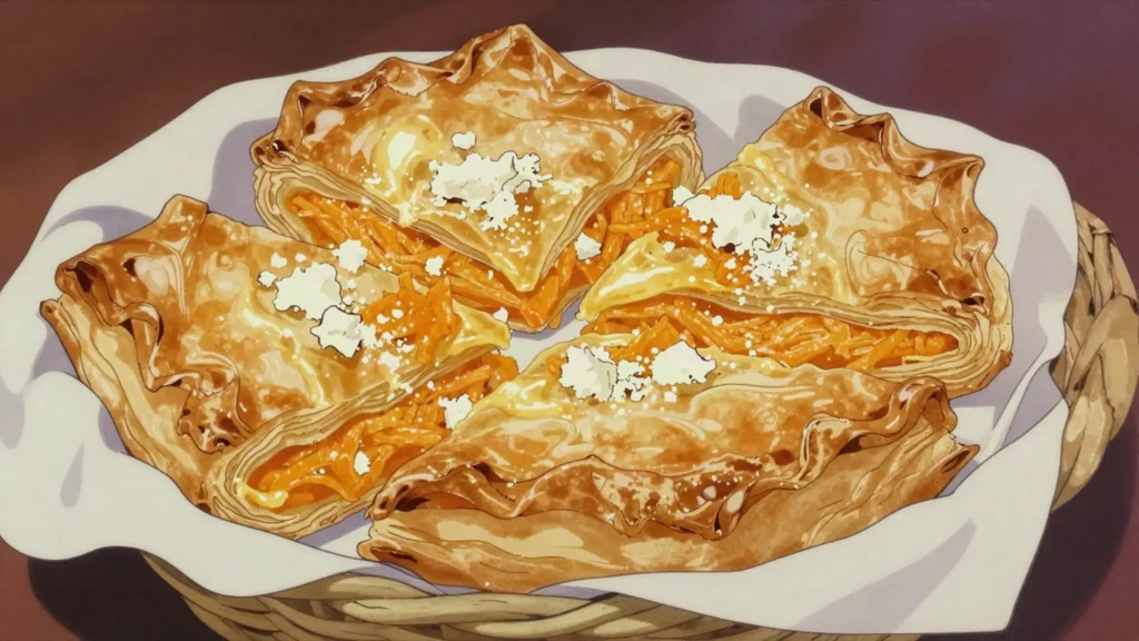 Bucnica, filo pie of grated pumpkin and fresh cheese, cut in squares, Croatia bread & pastry, anime style