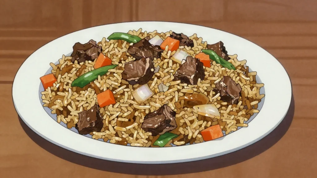 Budaatai Khuurga, homestyle fried rice with mutton and vegetables, Mongolia main, anime style