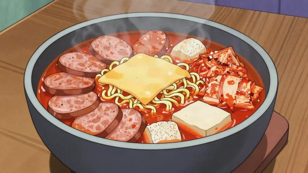 Budae Jjigae, army-base stew of spam, hot dogs, kimchi and instant noodles in red broth, South Korea soup & stew, anime style