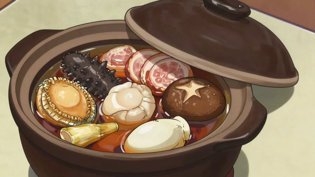 Buddha Jumps Over the Wall, lavish Fujian pot of abalone, sea cucumber, ham and mushrooms, China soup & stew, anime style