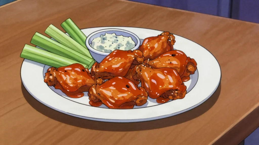 Buffalo wings, fried wings tossed in cayenne-butter sauce, with blue cheese dip, United States snack, anime style
