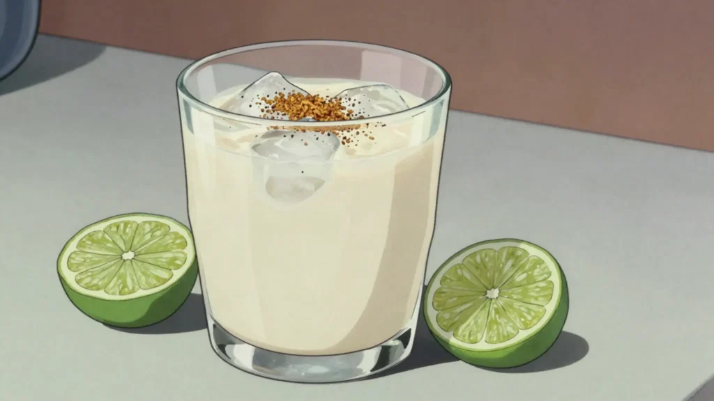 Bui, creamy baobab-fruit drink, tangy and pale, served over ice, Gambia drink, anime style