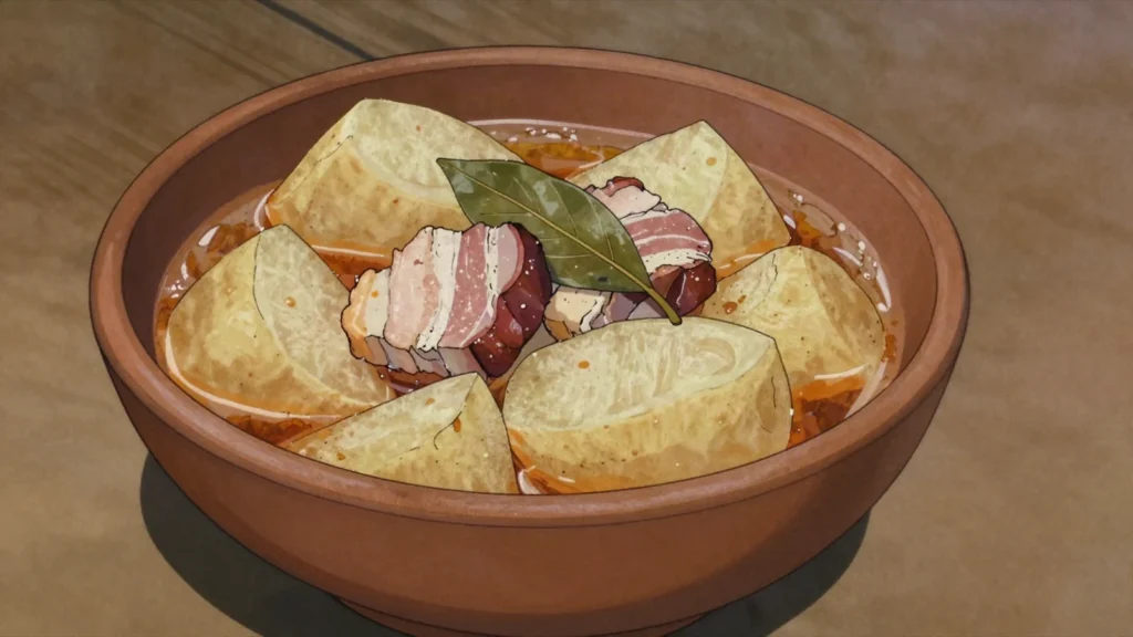 Bujta repa, sour turnip and pork stew from pig-slaughter feasts, Slovenia soup & stew, anime style