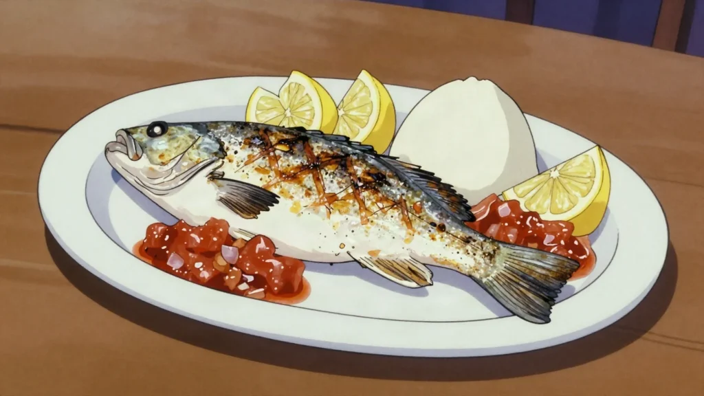 Buka buka, lake Tanganyika perch, firm and white, grilled or fried whole, Zambia main, anime style