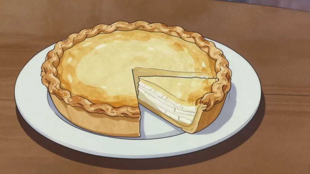 Buko Pie, flaky double-crust pie filled with strips of young coconut in sweet custard, Philippines dessert, anime style