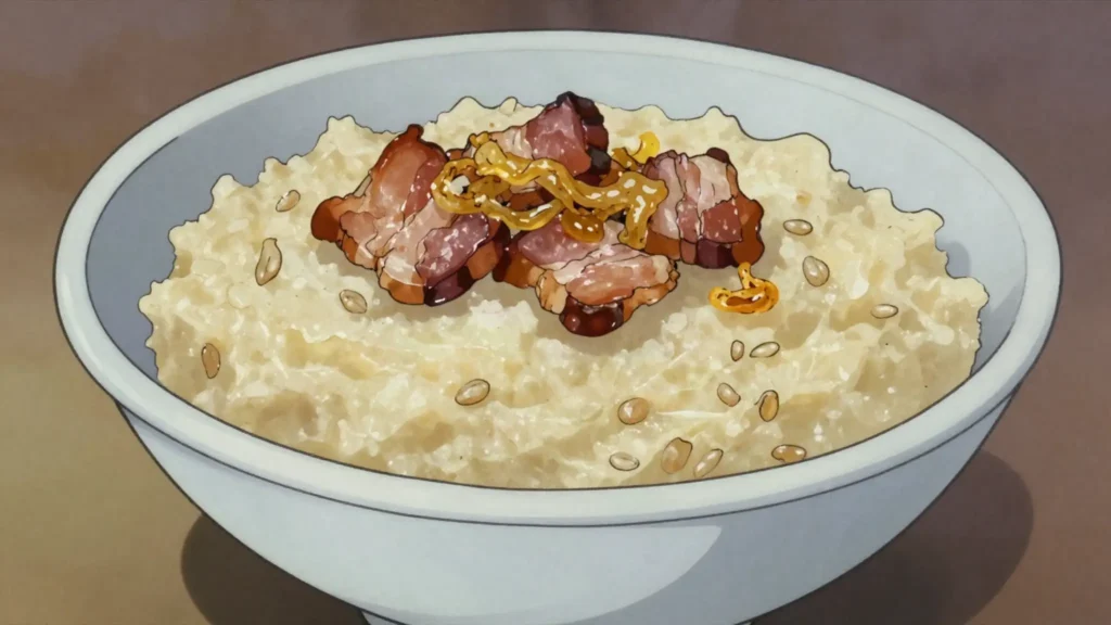 Bukstiņputra, barley and potato porridge mashed with fried bacon and onion, Latvia main, anime style