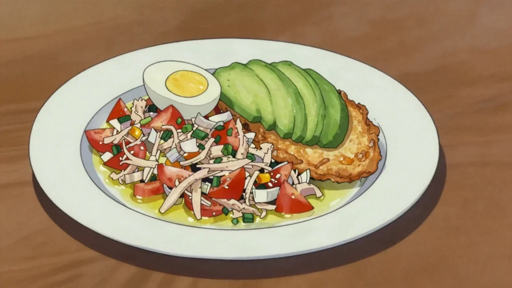 Buljol, shredded salt cod tossed raw with tomato, onion, pepper and, Saint Vincent and the Grenadines breakfast, anime style
