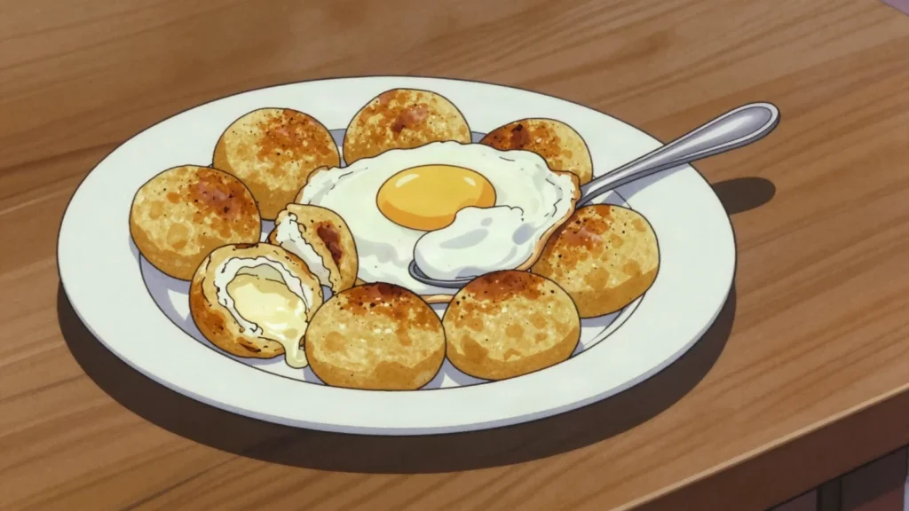 Bulz, grilled polenta balls stuffed with cheese, butter, Romania main, anime style