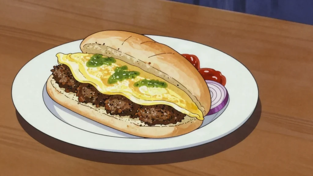 Bun Kebab, karachi street burger: spiced patty, egg and chutney in a soft bun, Pakistan street food, anime style