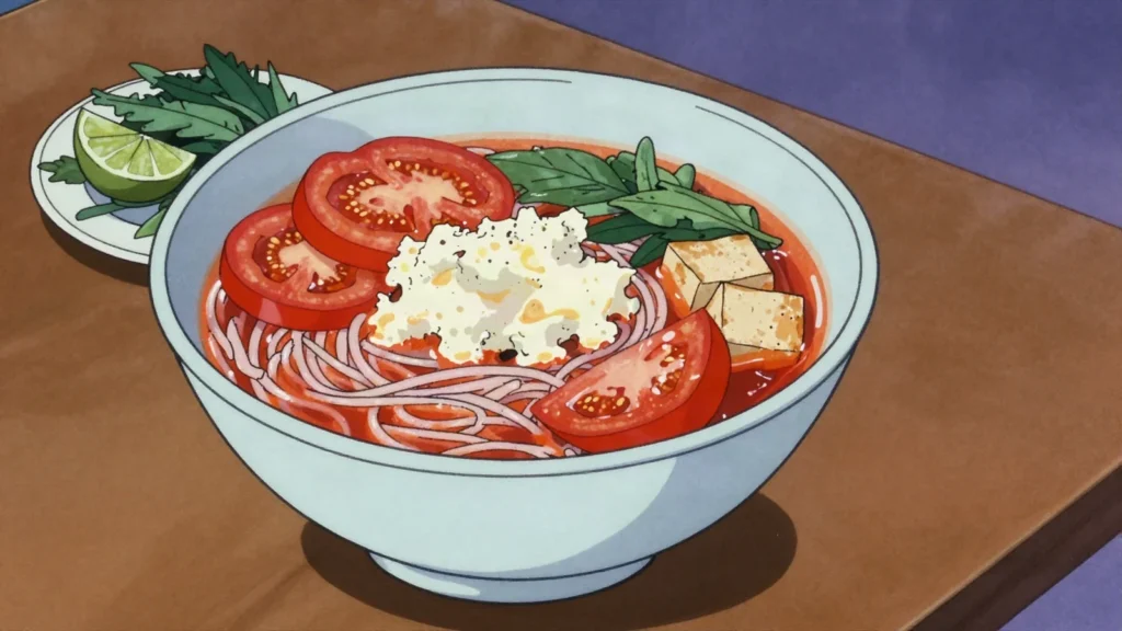 Bun Rieu, crab-and-tomato noodle soup with silky riêu curds, Vietnam soup & stew, anime style