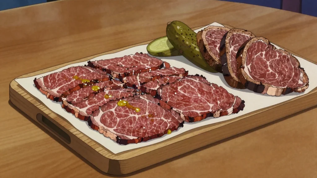 Bündnerfleisch, air-dried beef from Graubünden, shaved paper-thin, Switzerland charcuterie & cured, anime style