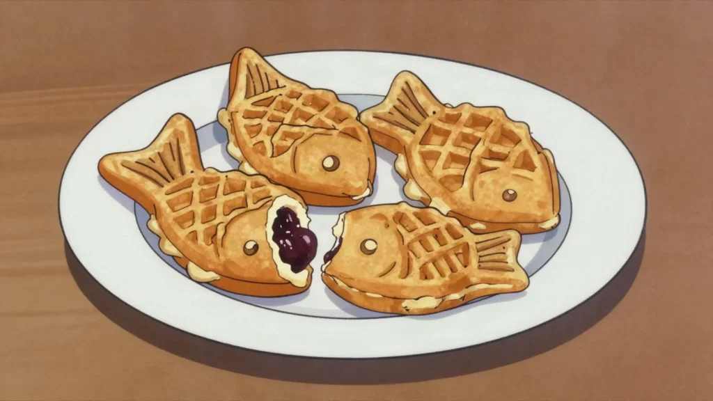 Bungeoppang, fish-shaped waffle filled with sweet red-bean paste, South Korea street food, anime style
