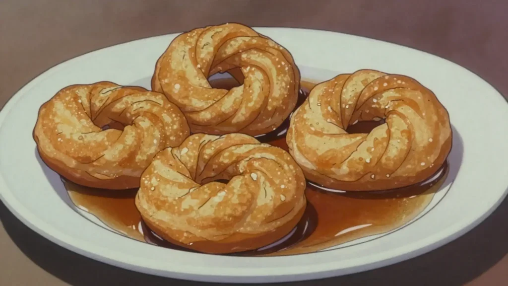 Buñuelos de anís, figure-eight fritters of yuca and boniato dough soaked in anise syrup, Cuba dessert, anime style