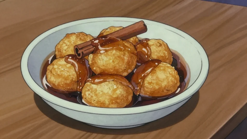 Buñuelos de yuca, yuca-cheese fritters drenched in cinnamon syrup, Nicaragua dessert, anime style