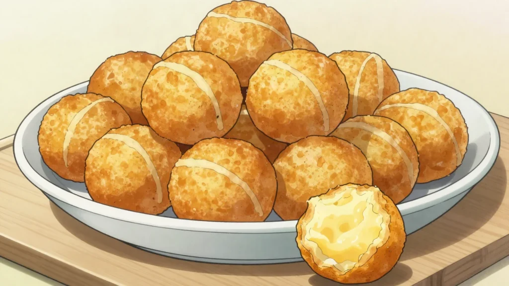 Buñuelos, golden fried cheese-dough balls, a Christmas favorite, Colombia snack, anime style