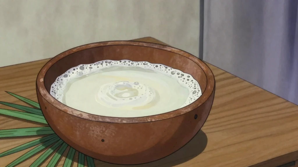 Bunuk, casamance palm wine tapped from oil and ronier palms, drunk fresh, Senegal wine & spirit, anime style