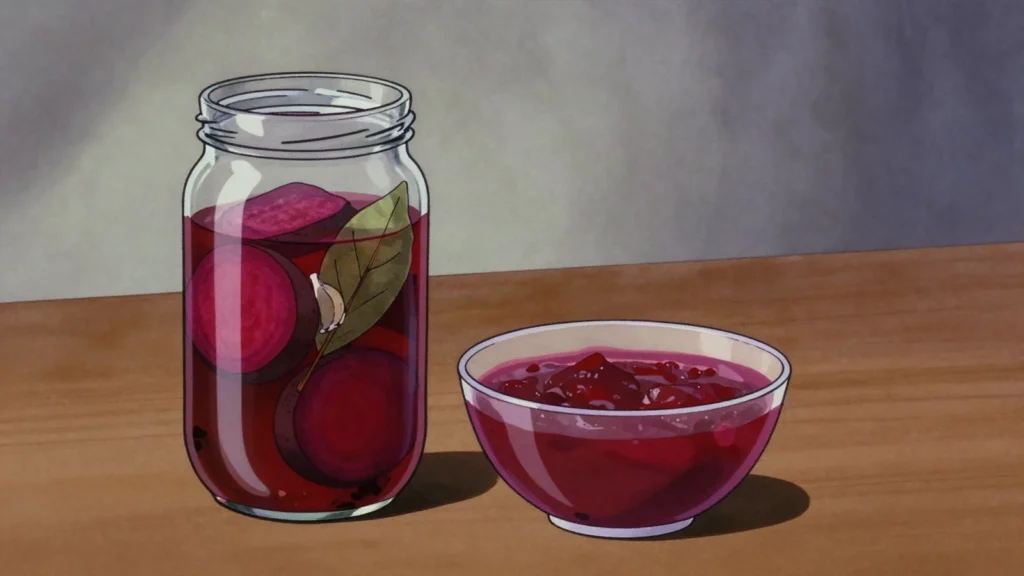 Buriakovyi kvas, sour beet brine fermented in a jar, stirred into borscht for, Ukraine fermented & pickled, anime style