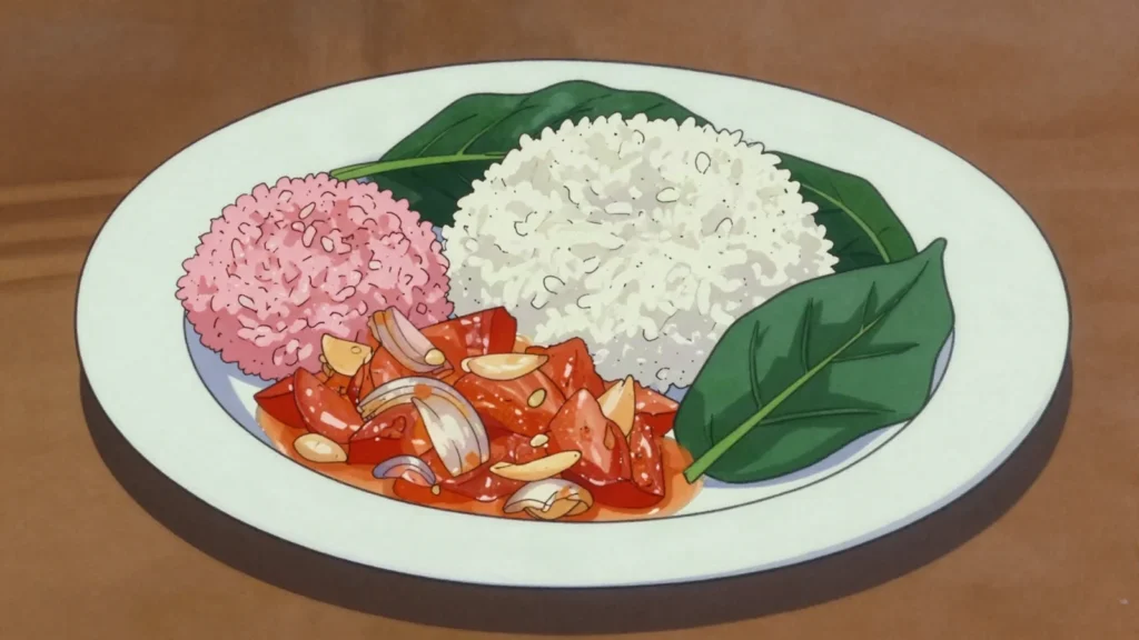 Burong Isda, rice and fish fermented together until sour and pink, sautéed, Philippines fermented & pickled, anime style