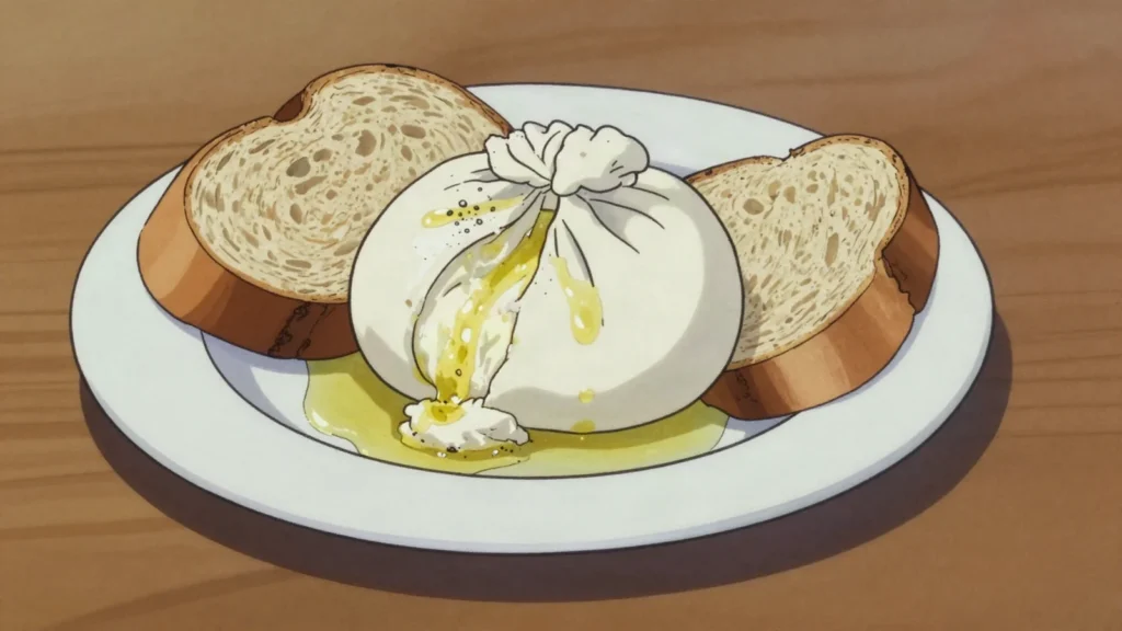 Burrata, mozzarella pouch filled with cream and shredded curd, oozing when cut, Italy cheese & dairy, anime style