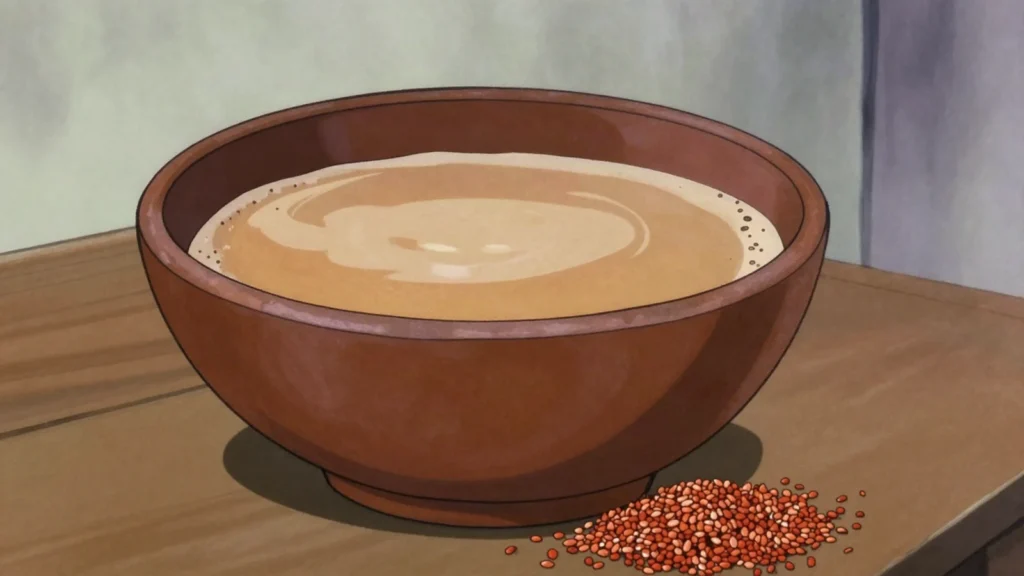 Burukutu, cloudy sour beer of fermented guinea corn, sold warm in the Middle Belt, Nigeria wine & spirit, anime style