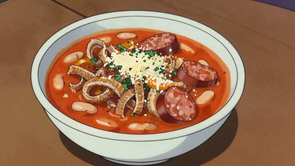 Buseca, tripe stewed with white beans, tomato and chorizo, a winter dish, Uruguay soup & stew, anime style