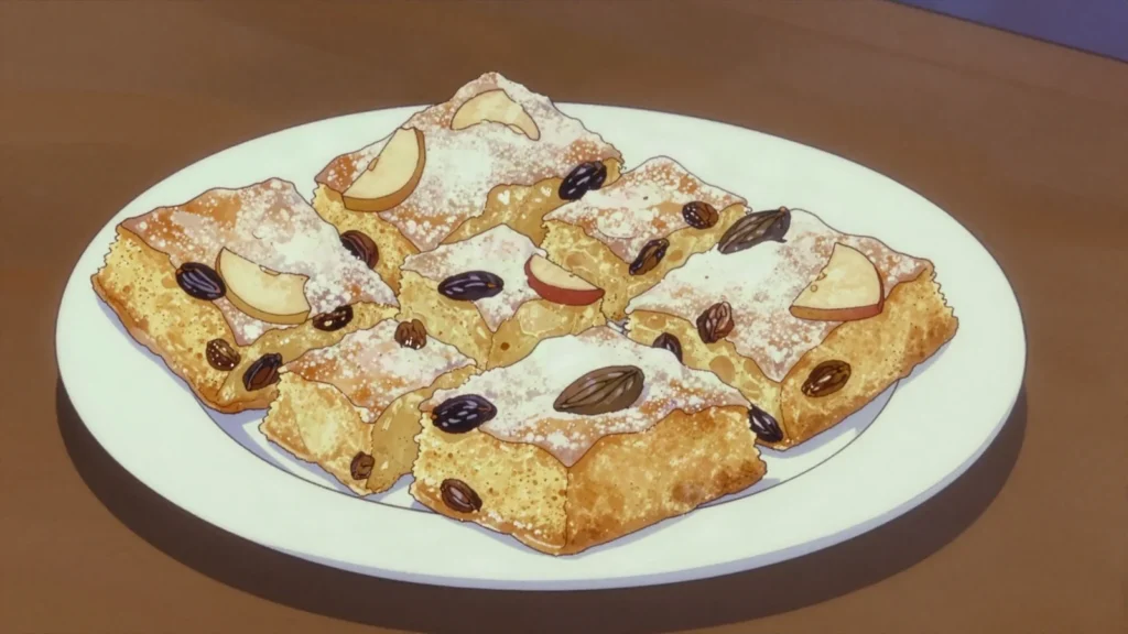 Bustrengo, dense cornmeal cake with apples, figs, raisins, San Marino dessert, anime style